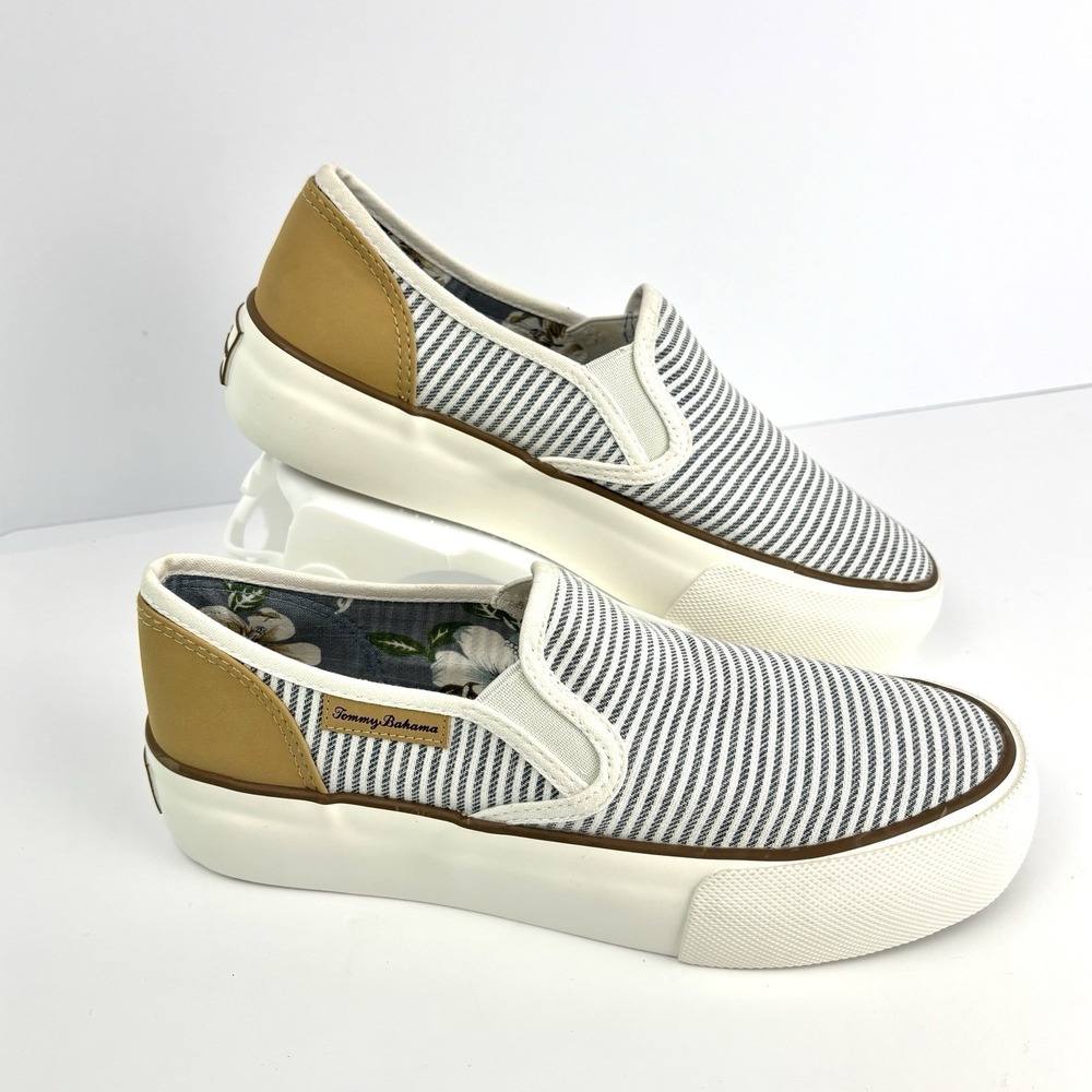 Tommy Bahama Shoes Women's 8.5 Blue White Tan Striped Slip On Platform Sneakers